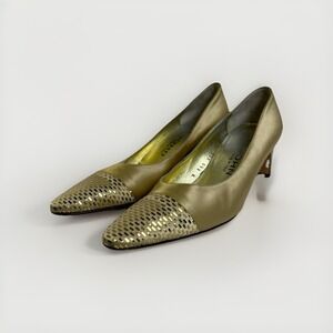 St. John Gold Satin Sequin Studded Toe Cap Heel Pumps Sz 5.5 Made in Italy EUC